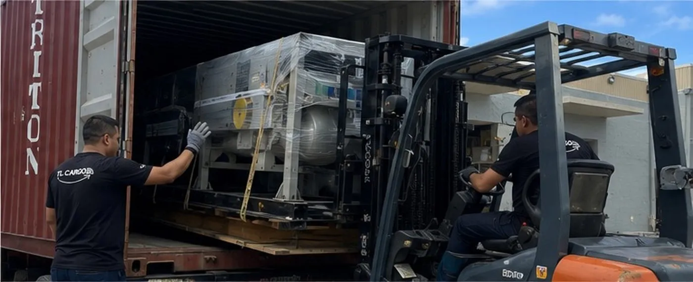 Montacargas cargando maquinaria dentro de un contenedor en TL Cargo