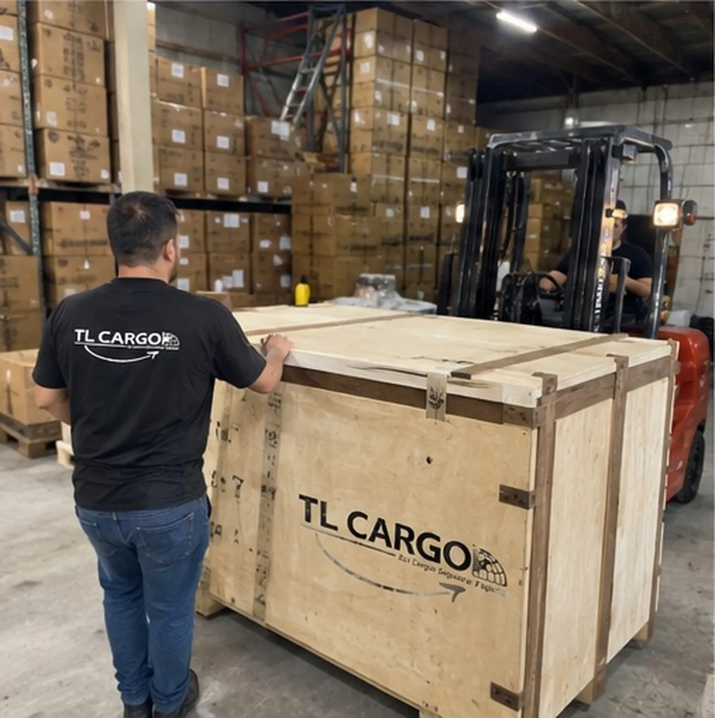 Caja de madera con marca TL Cargo lista para embarque